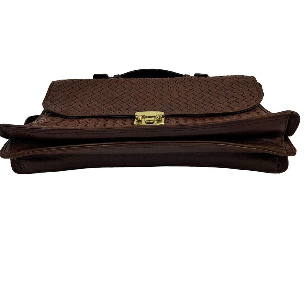 Bottega Veneta Cognac Brown Woven Leather Briefcase Top Handle Gold Buckle - Picture 13 of 16